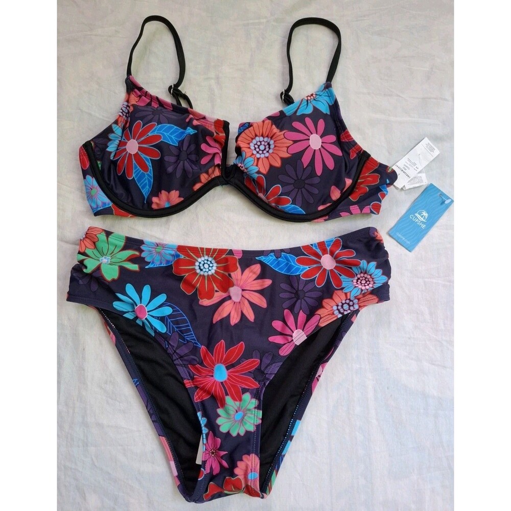 Cupshe Floral Bikini Set Blue Red Two Piece Swimsuit Resort Women's M/L NWT